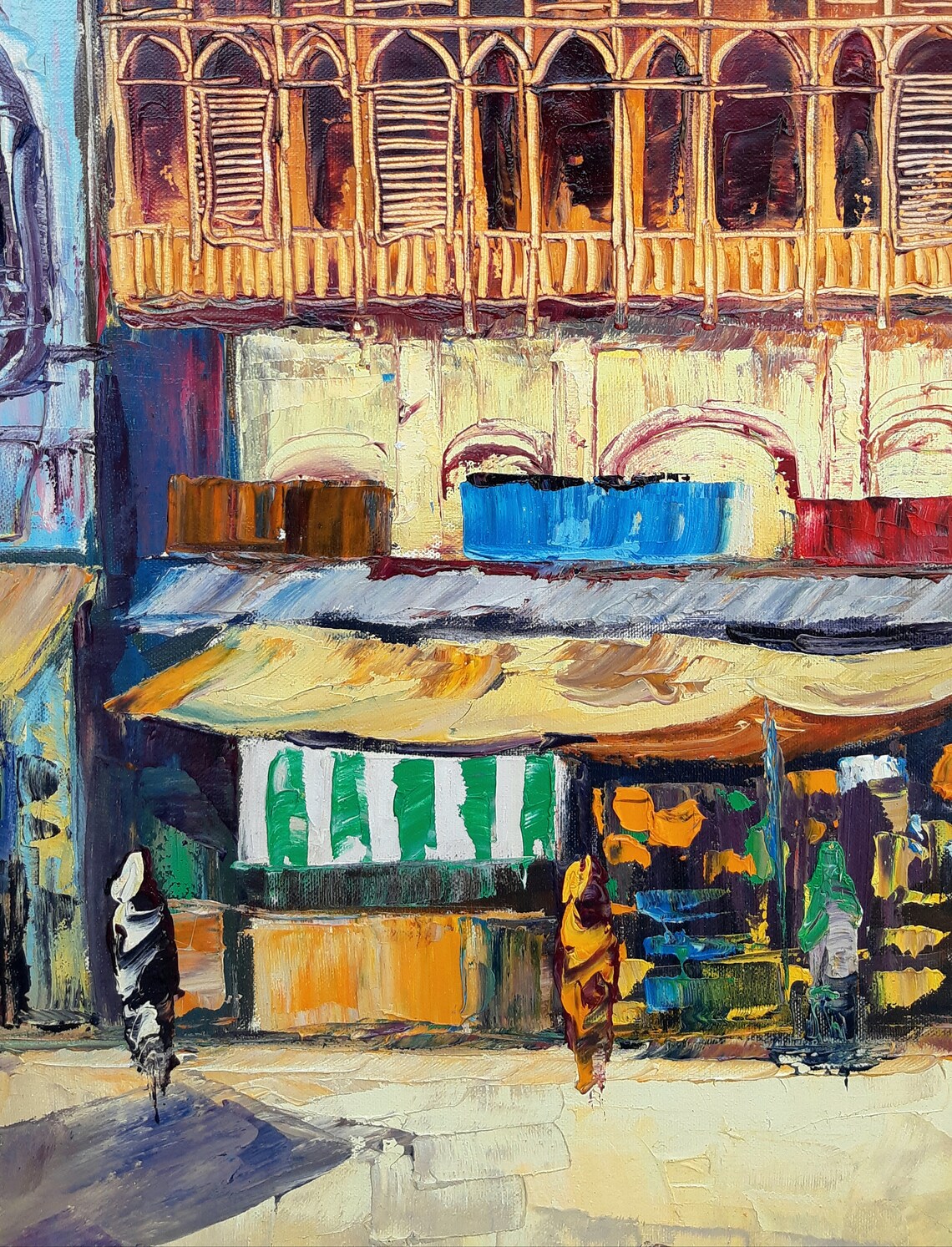 Old City Indian Art Oil Painting, Textured Cityscape - Image 2
