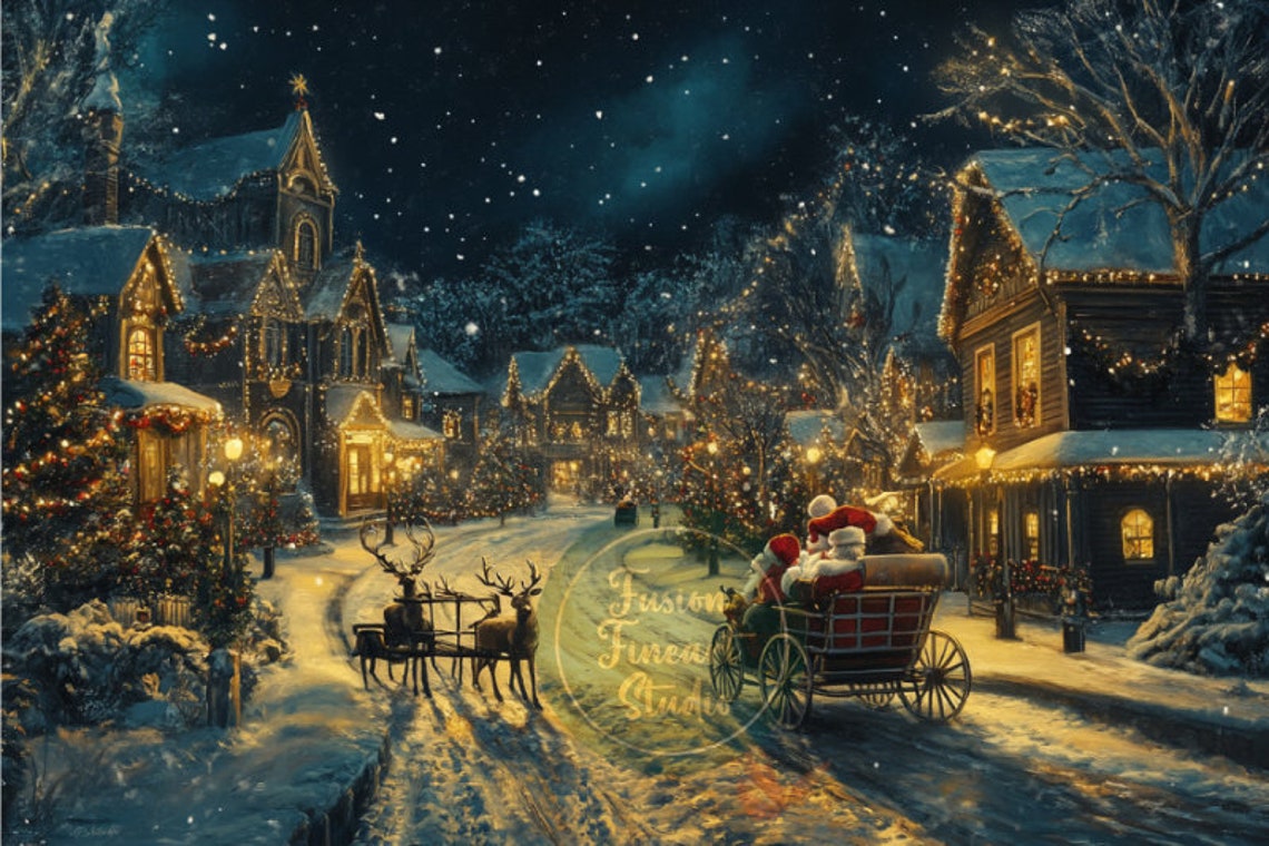 Santa Claus Carriage Reindeer Snowy Village Street Starry Night Poster - Image 3
