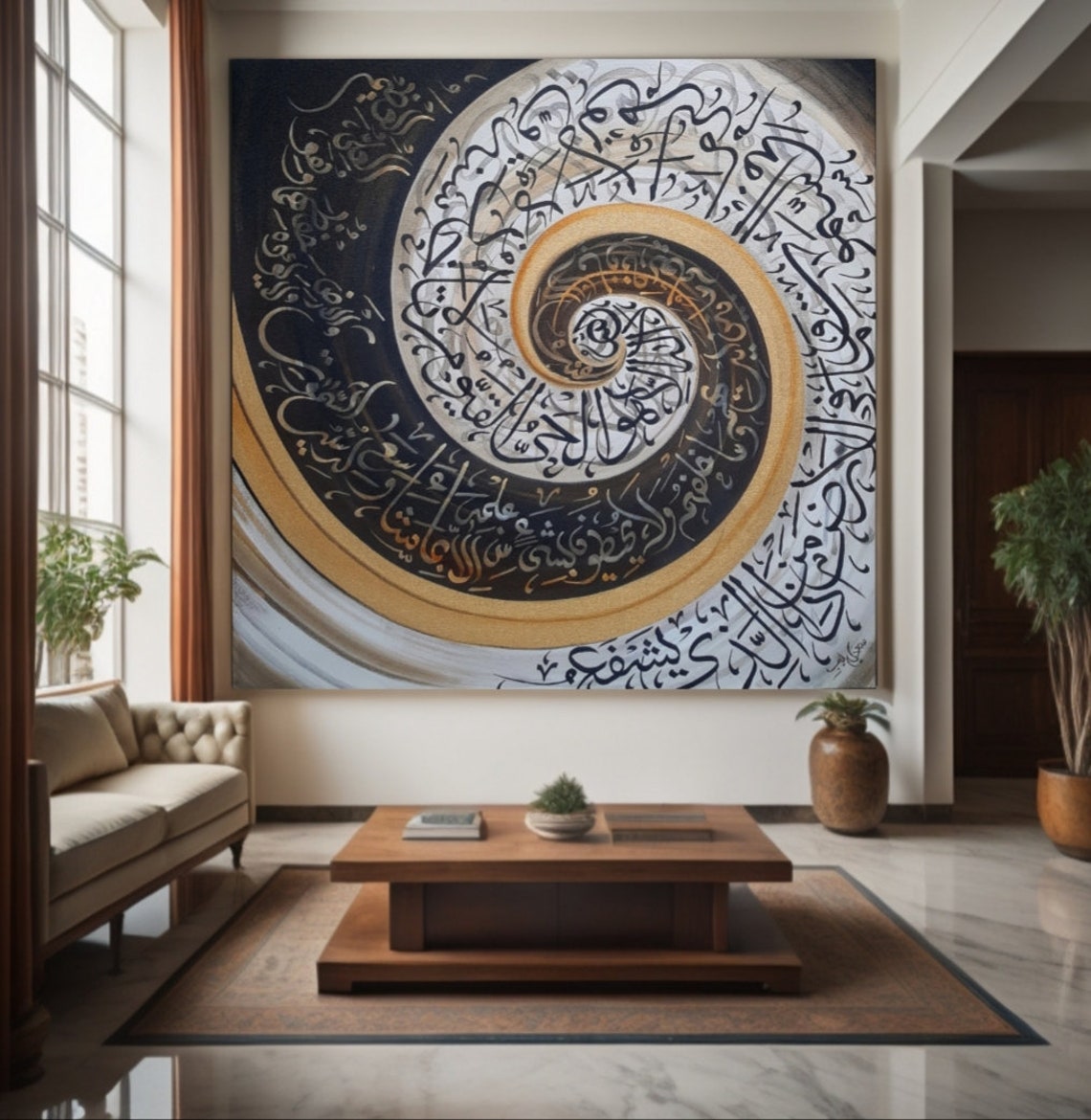 Black White Gold Spiral Calligraphy Vortex Swirl Square Art Poster