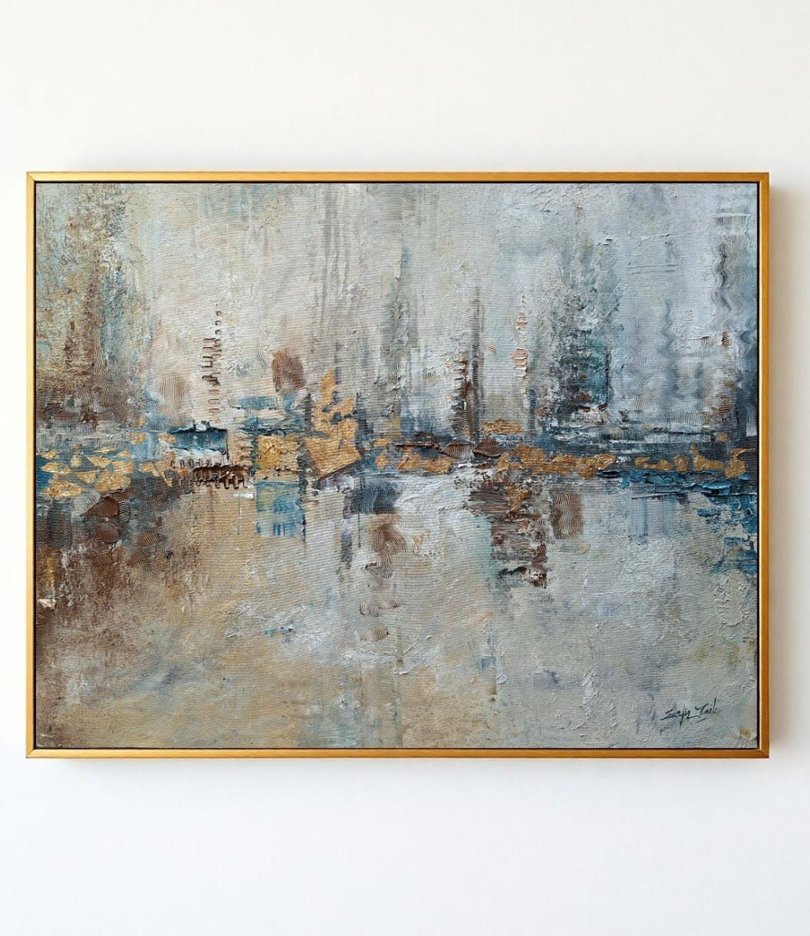 Gold Gray Abstract Cityscape Horizon Modern Original Art Poster