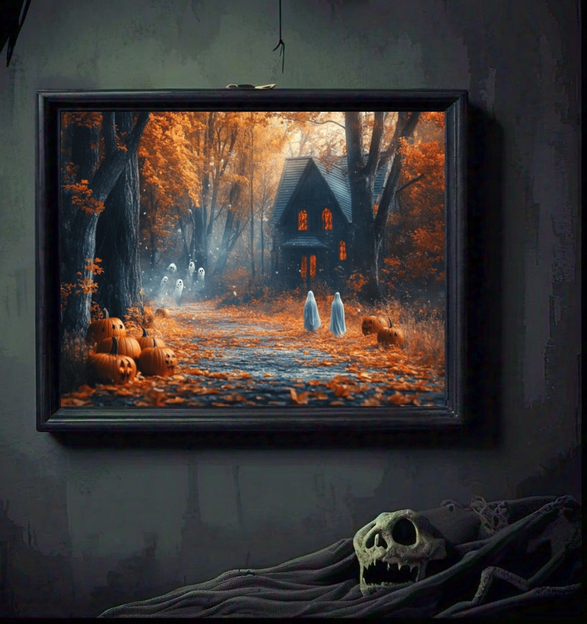 Haunted House in Misty Autumn Forest Ghosts Pumpkins Halloween Poster - Image 2