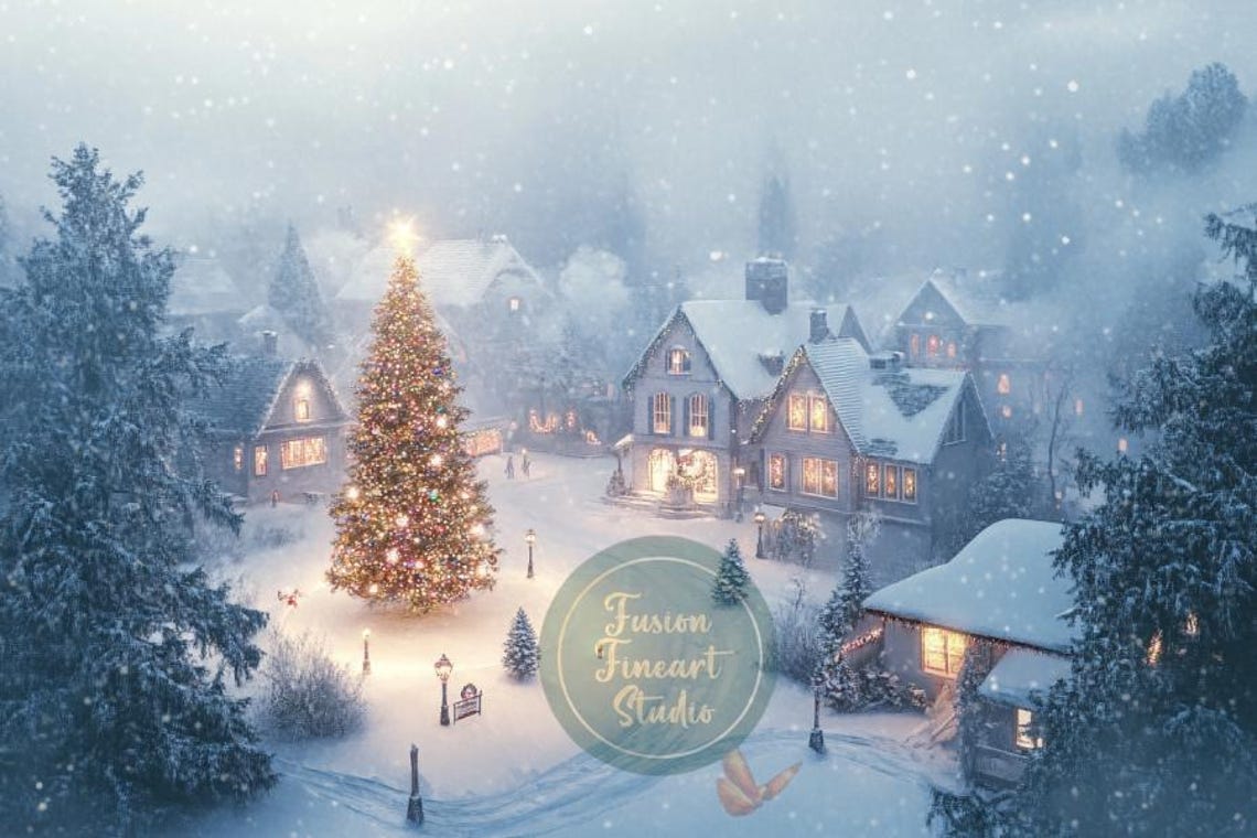 Snowy Village Lit Christmas Tree Falling Snow Dusk Winter Poster - Image 3