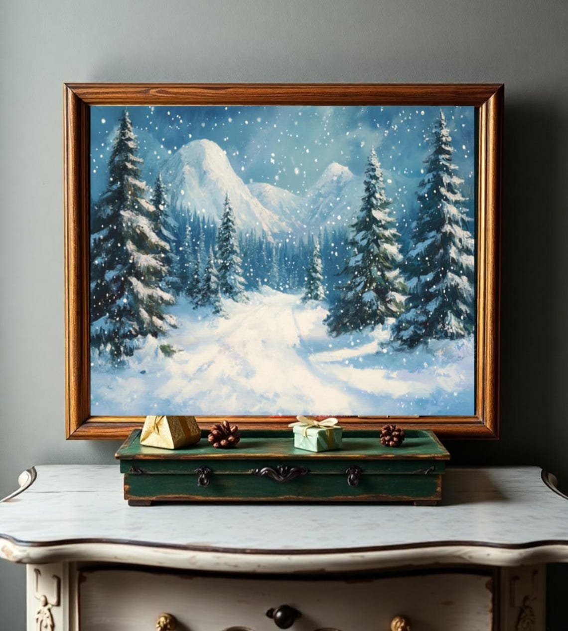 Snowy Pine Trees Mountain Night Falling Snow Winter Scene Poster - Image 2