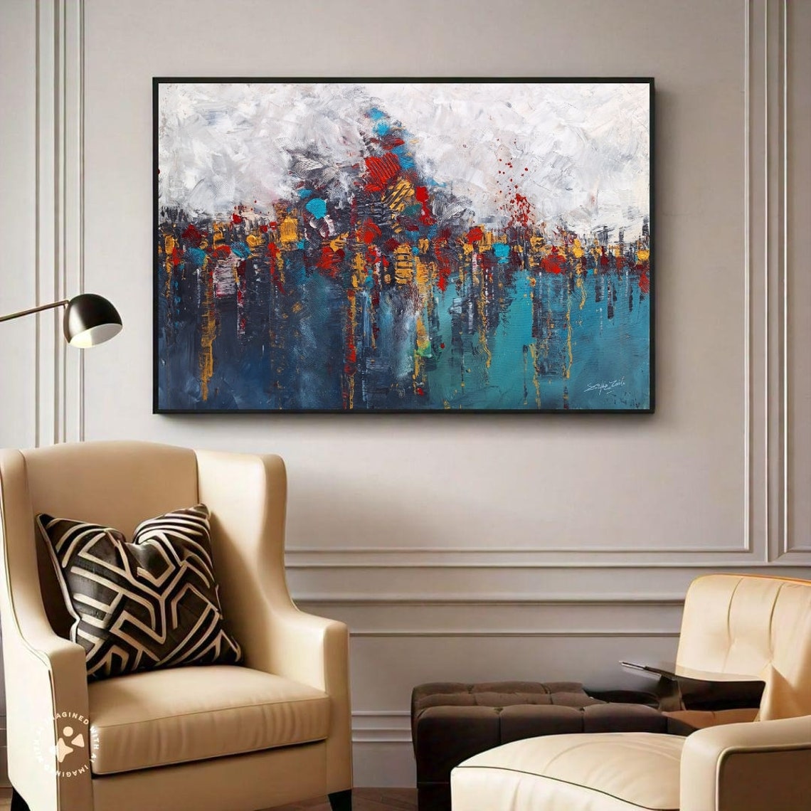 Abstract Cityscape Blue Red Gold Colorful Crowd Modern Poster - Image 3