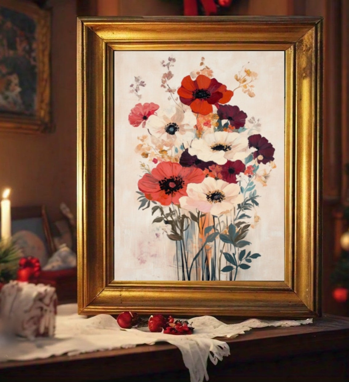 Red White Anemone Bouquet Vintage Floral Painting Cream Poster