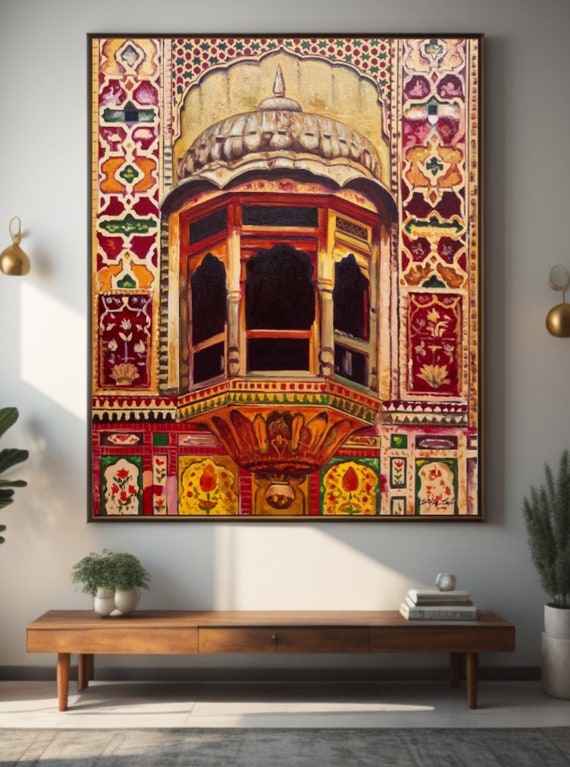 Jharoka Indian Art Oil Painting Pakistani Art Original Artwork Indian Decor Large Art Painting For Home Decor