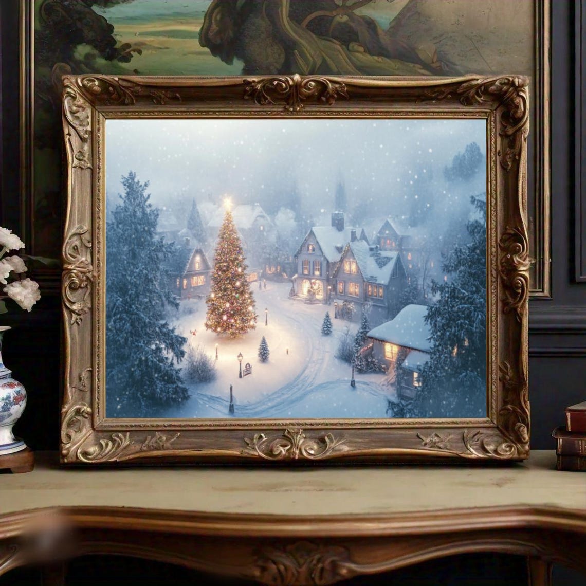Snowy Village Lit Christmas Tree Falling Snow Dusk Winter Poster