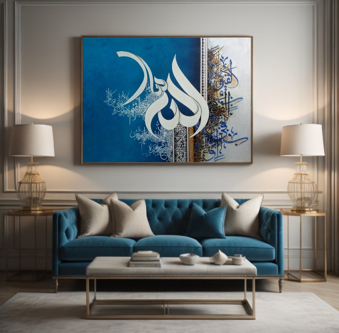 Allah Arabic Calligraphy White on Blue Elegant Islamic Art Poster