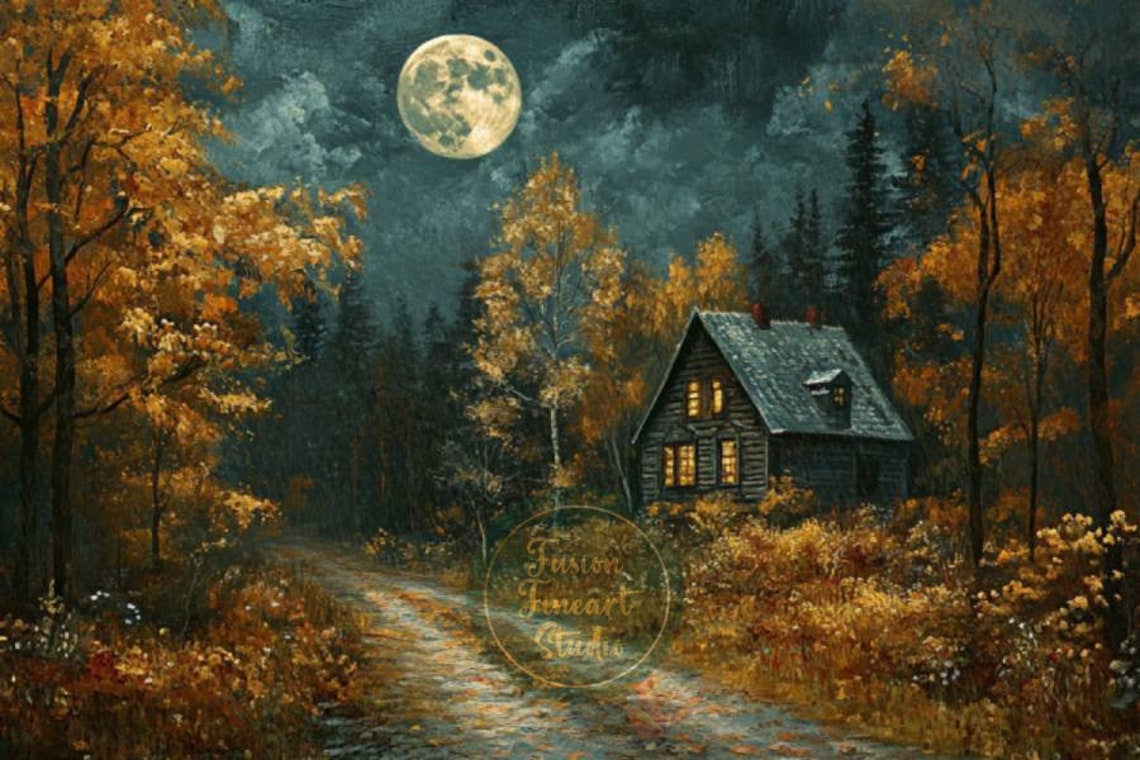 Moonlit Autumn Forest Cabin Golden Trees Night Winding Path Poster - Image 3
