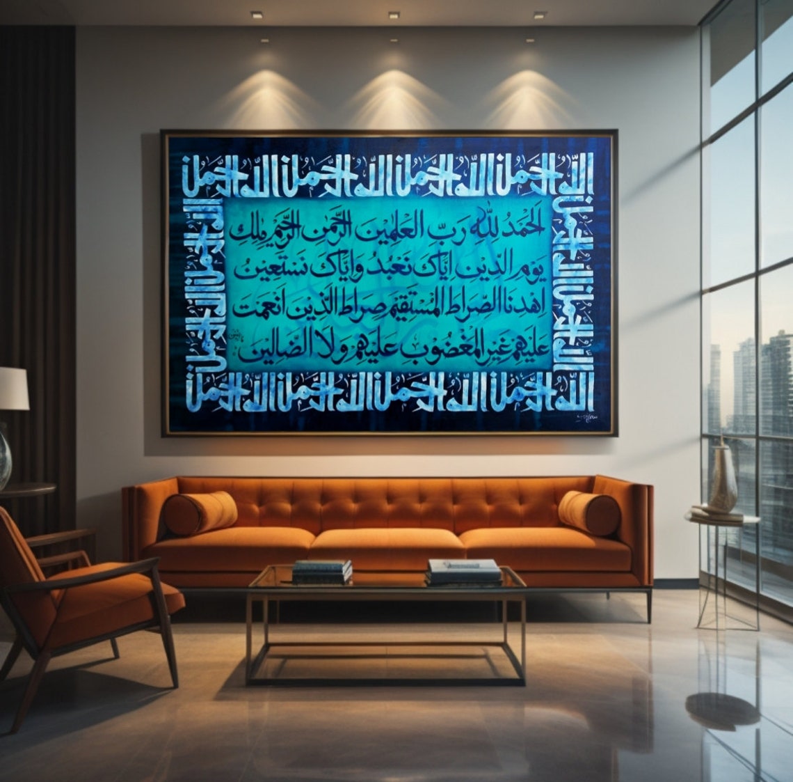 Surah Al Fatihah Blue Arabic Calligraphy Ornate Frame Poster