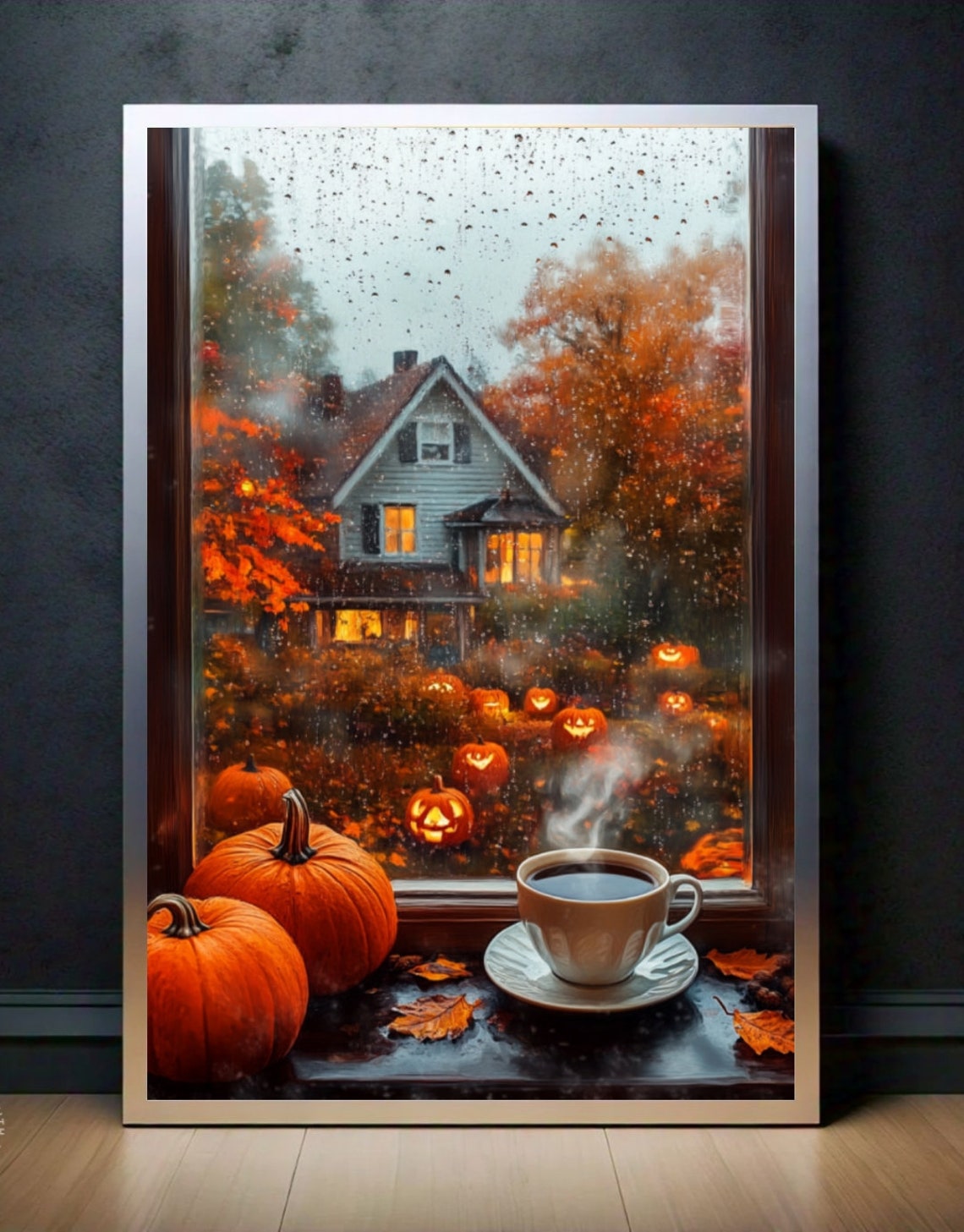 Rainy Fall Window Coffee Pumpkins Jack O Lanterns Farmhouse Art Poster