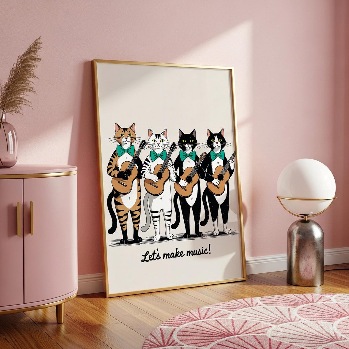 Musical Cat Quartet Guitars Lets Make Music Whimsical Cats Art Poster