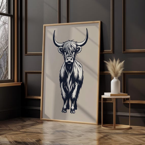 Highland Cow Line Art Bold Farm Animal Silhouette Minimalist Rustic Wall Print
