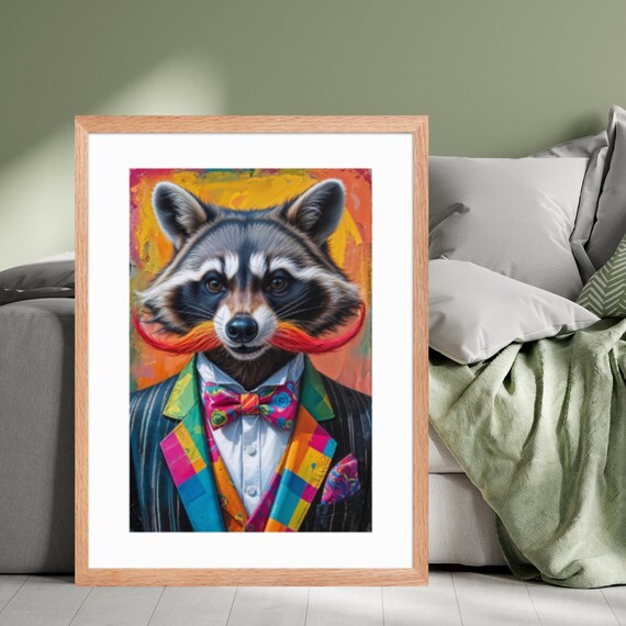 Colourful Mustachioed Raccoon Art Quirky Wall Print Funky Animal Portrait