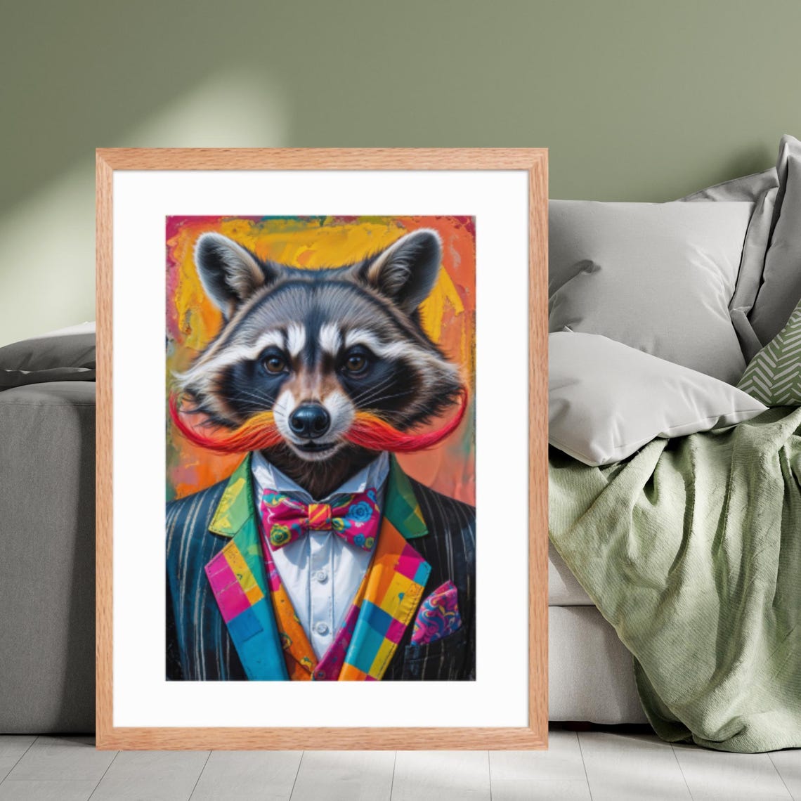 Dapper Raccoon With Mustache In Colorful Suit Quirky Art Poster