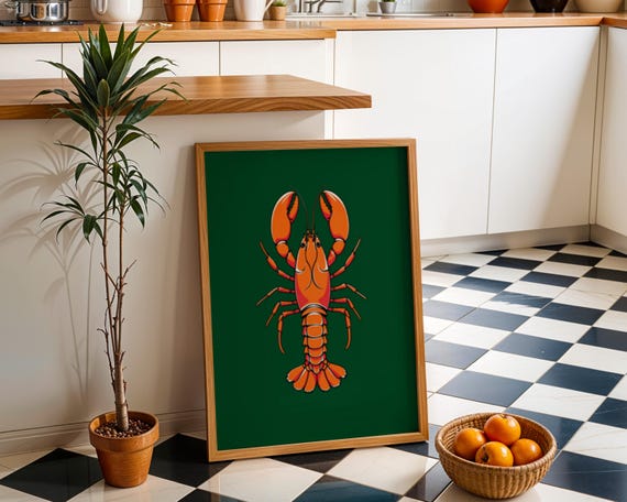 Bold Orange Lobster Art Print Green Background Modern Coastal Wall Decor