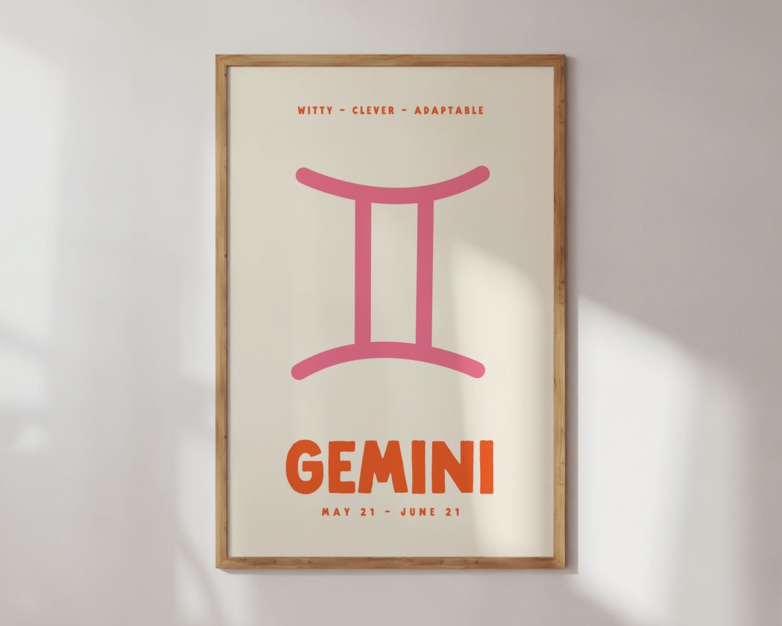 Gemini Zodiac Symbol Pink Orange Cream Preppy Astrology Poster - Image 3