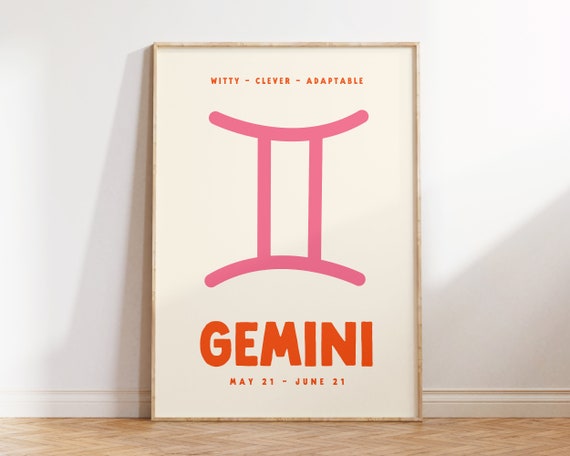Gemini Print Zodiac Poster Print Trendy Wall Art Star Sign Print Preppy Wall Decor Pink And Orange Art