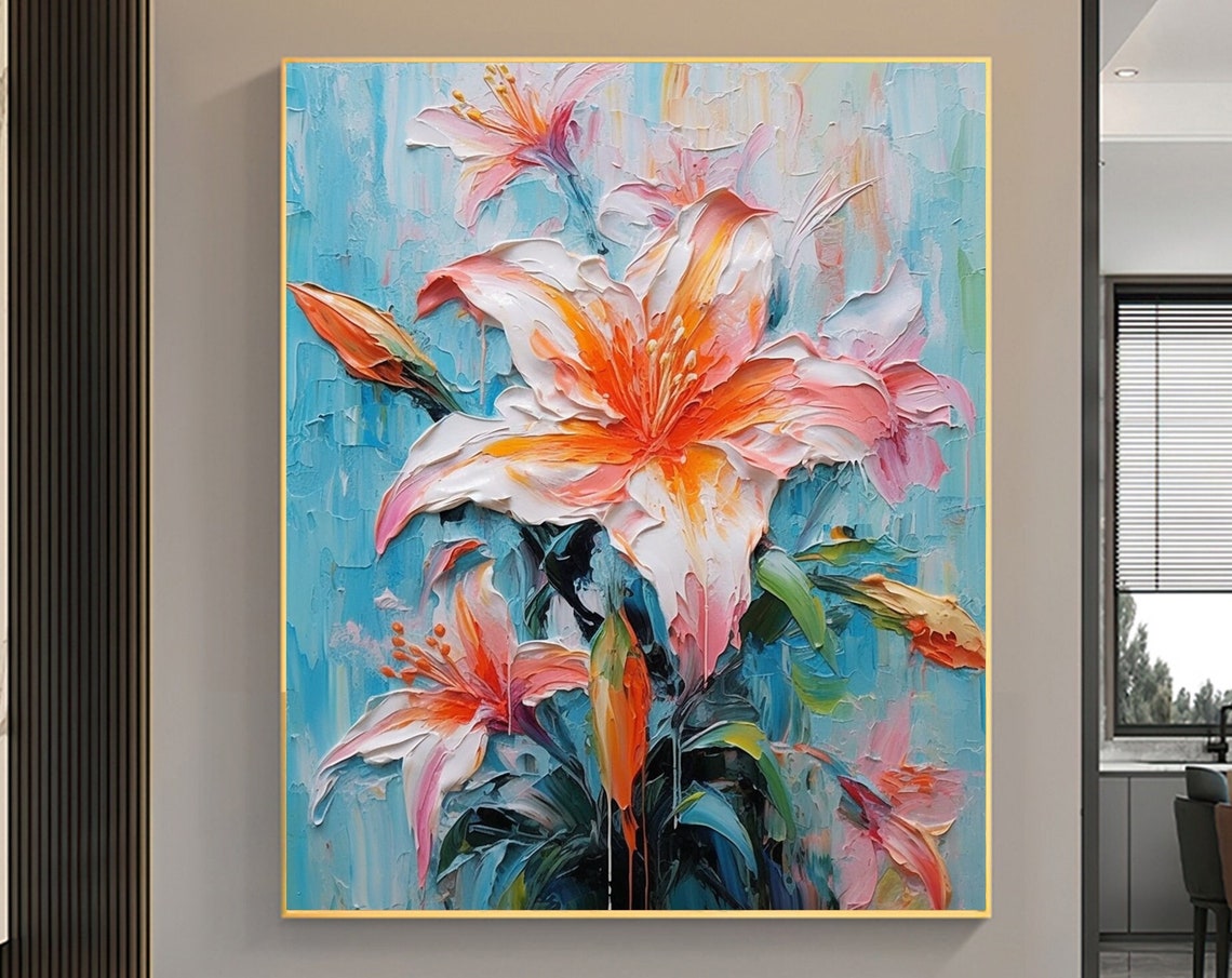 Orange Pink Lily Blooms Vivid Blue Background Impasto Poster