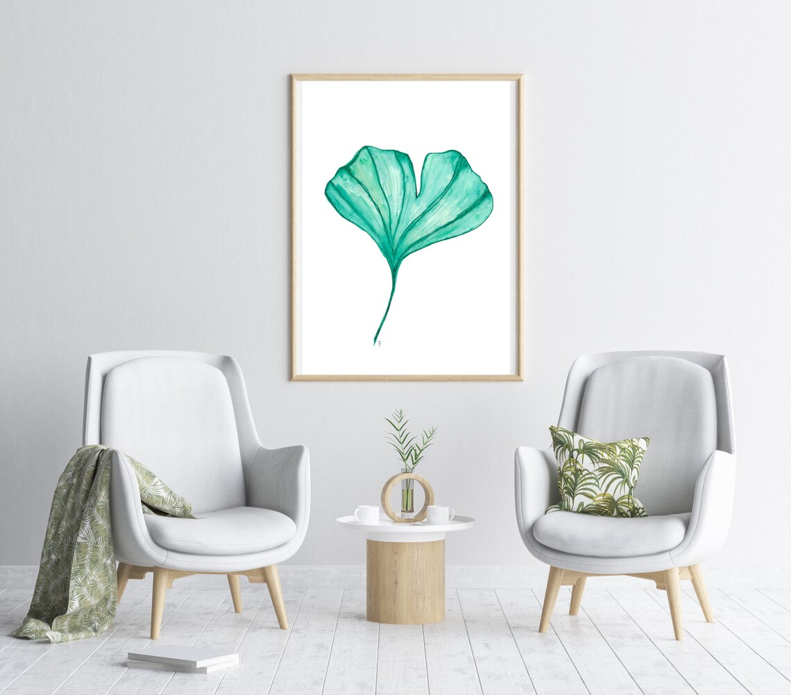 Ginkgo Leaf Green Watercolor Botanical Minimalist Wall Poster