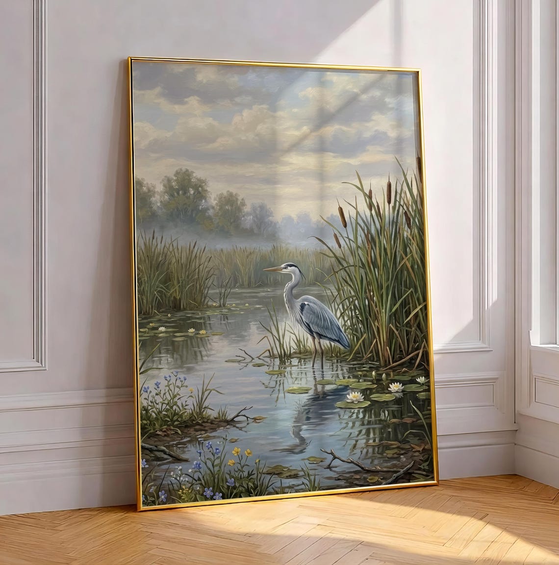 Heron in Marsh Wetland Painting Print Coastal Bird Cattails Artwork