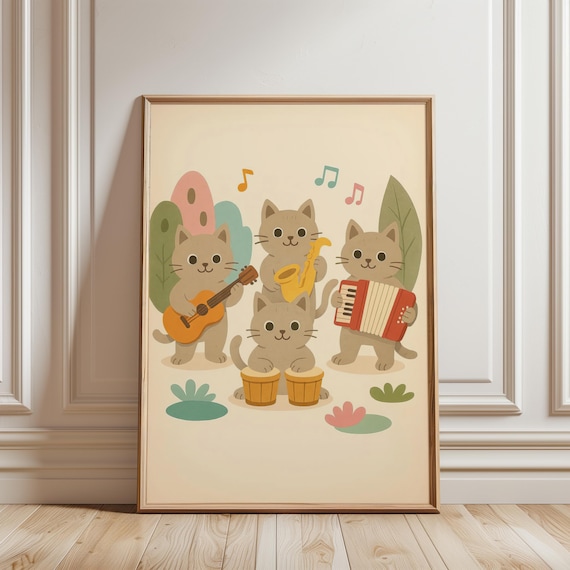 Cute Kittens Band Playing Instruments Whimsical Nursery Wall Poster
