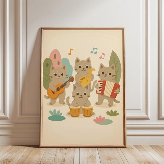 Musical Cats Band Art Print Whimsical Kitten Playing Instruments Poster Dopamine Kids Nursery Decor For Baby Shower Digital Download