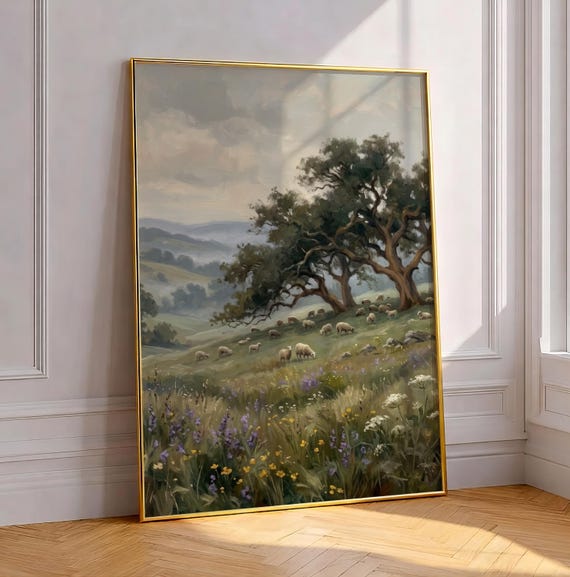Highland Sheep Meadow Field Painting Print Moody Cottagecore Landscape Wall Art Rustic Irish Countryside Poster Muted Farmhouse Decor