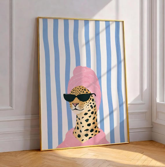 Leopard In Towel Art Print Cozy Quirky Bathroom Decor Whimsical Wild Animal Poster Eclectic Funny Striped Cheetah Guest Bath