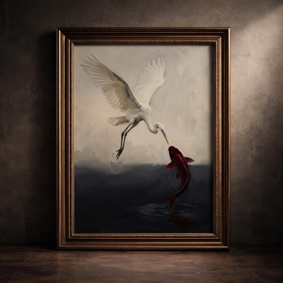 Moody Heron And Koi Fish Art Yin Yang Animal Painting Dark Japandi Decor Symbolic Black White Modern Zen Poster Japanese Inspired Print