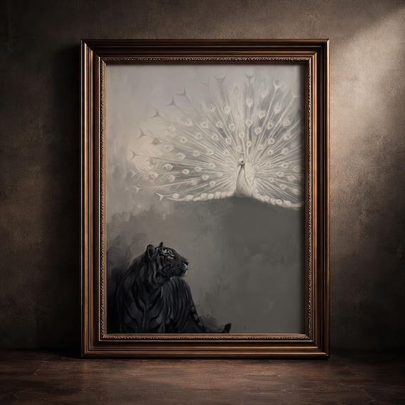 Peacock Tiger Print Dark Academia Animal Painting Gothic Luxury Wildlife Decor Moody Maximalist Dramatic Bedroom Art Digital Download