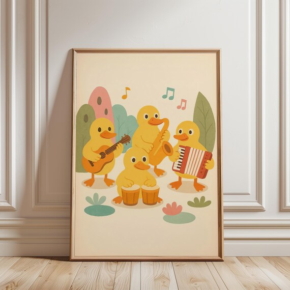 Cute Ducks Band Playing Instruments Whimsical Nursery Wall Poster