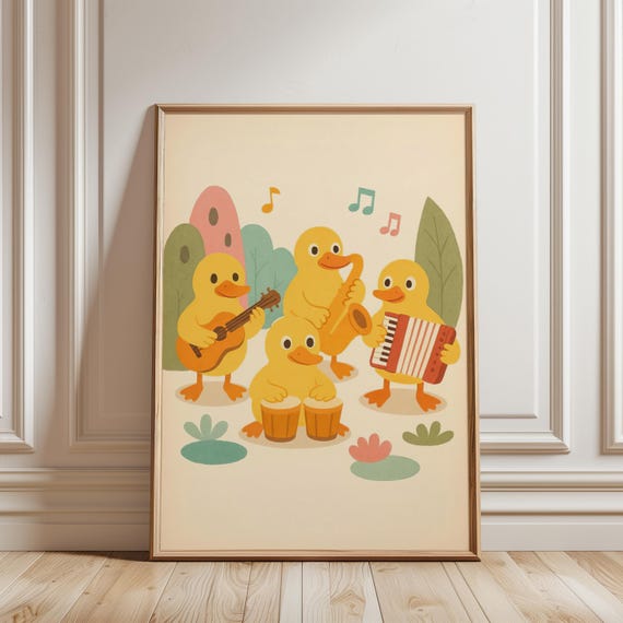 Playful Ducks Band Art Print Musical Duckling Poster Whimsical Nursery Decor Baby Shower Dopamine Duck Printable
