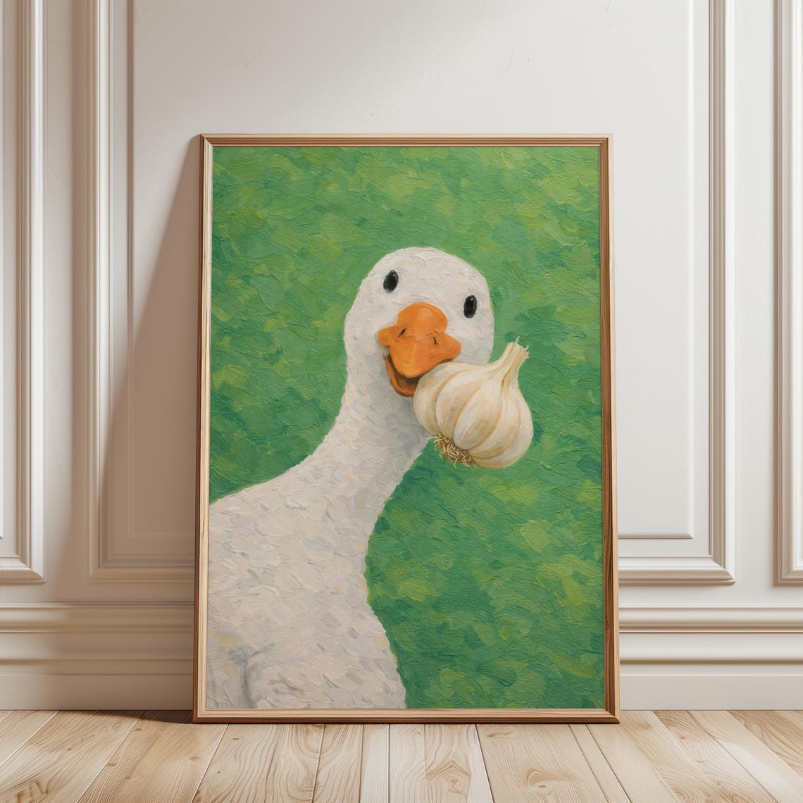 Cute White Duck Holding Garlic Funny Impasto Painting Wall Art