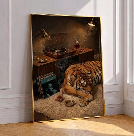 Moody Tiger Jazz Art Print Vinyl Record Player Decor Vintage Masculine Lounge Painting Maximalist Whiskey Bar Cart Poster Listening Room