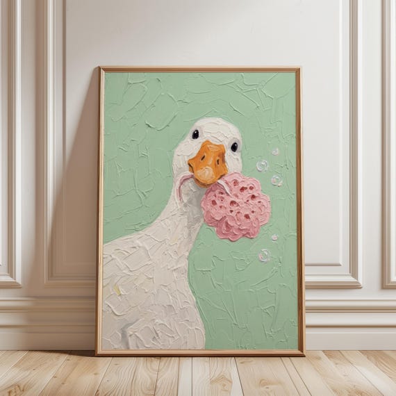 Funny Goose Bathroom Art Print Quirky Silly Loofah Sage Green Guest Wall Decor Cute Duck Shower Poster Digital Download
