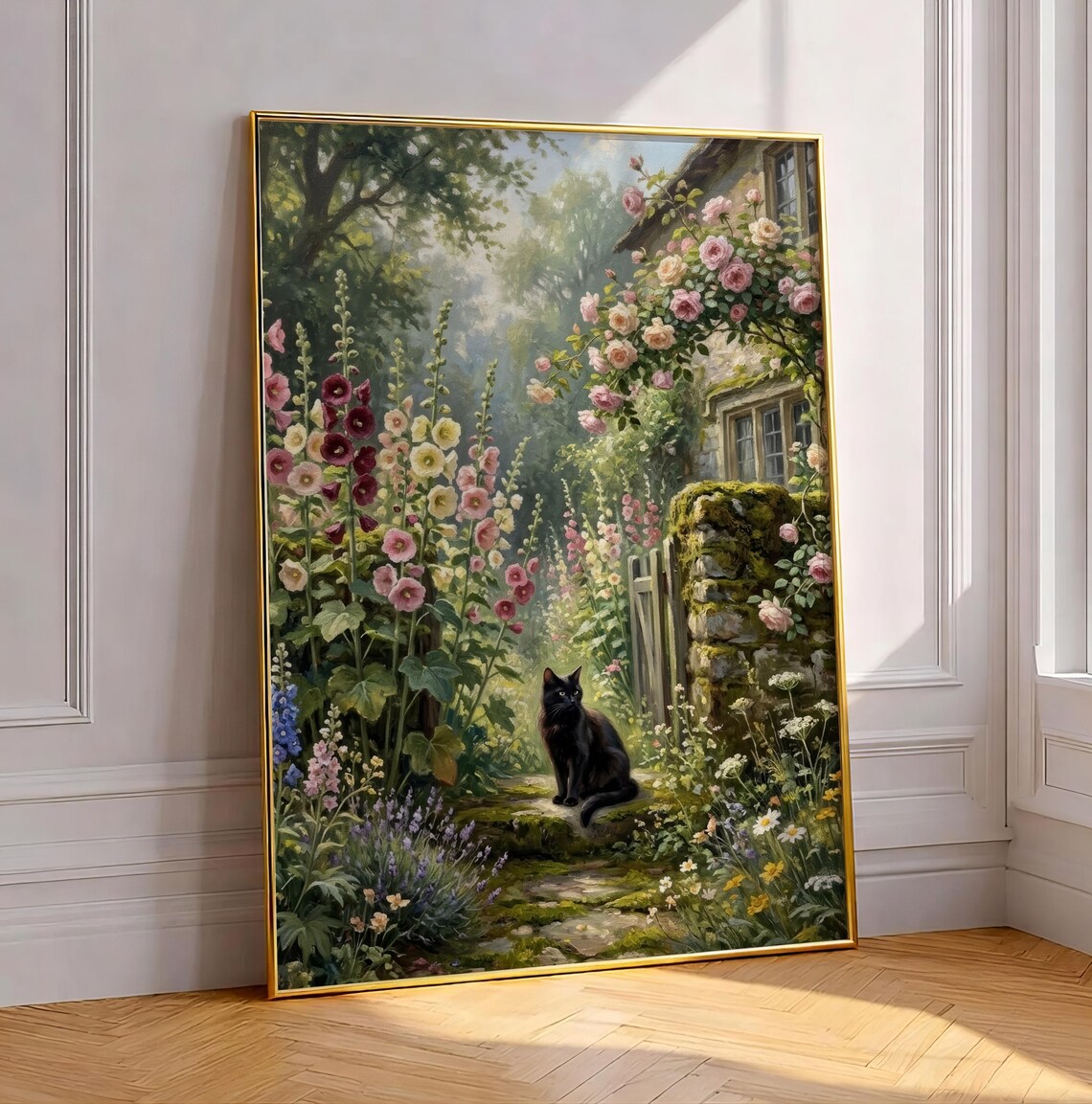 Black Cat In Blooming Cottage Garden Hollyhock Floral Oil Painting Poster