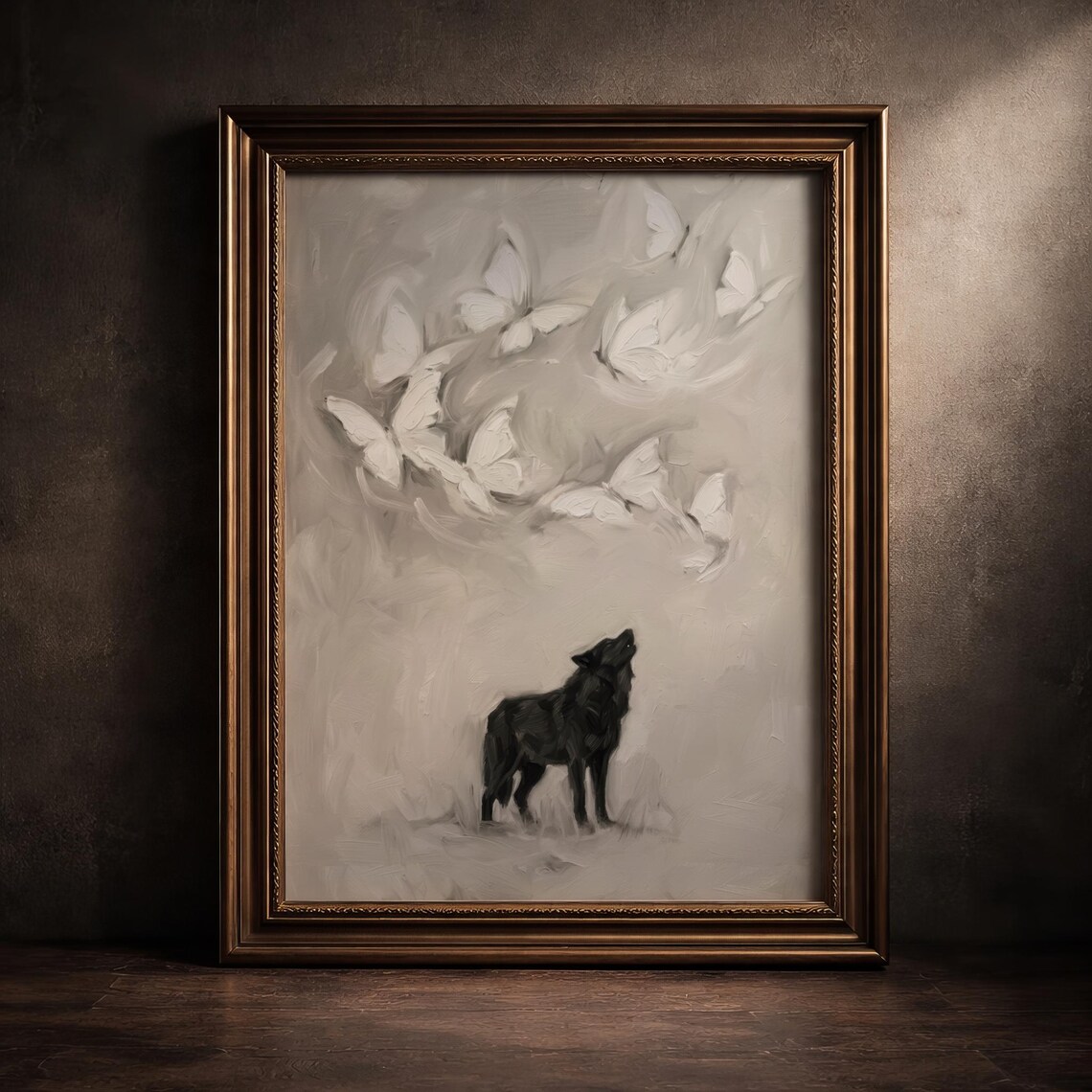 Black Wolf White Butterflies Painting Moody Animal Dark Academia Art Print