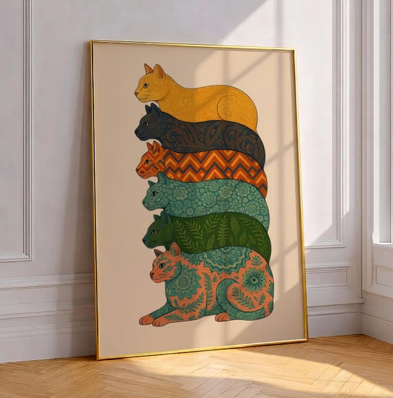 Maximalist Cat Art Print Colorful Dopamine Decor Poster Eclectic Pet Wall Vintage Inspired Illustration Boho Gallery