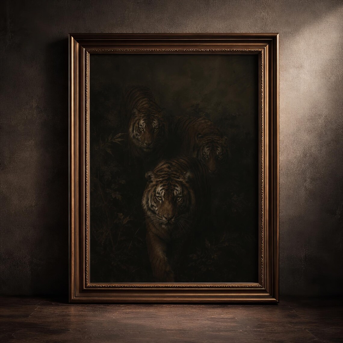 Moody Tigers In Dark Jungle Vintage Wildlife Painting Wall Art