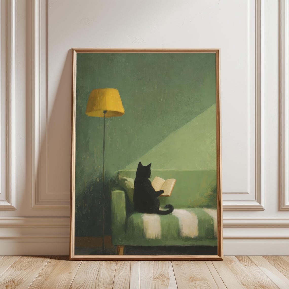 Black Cat Reading a Book in a Cosy Emerald Green Room Poster