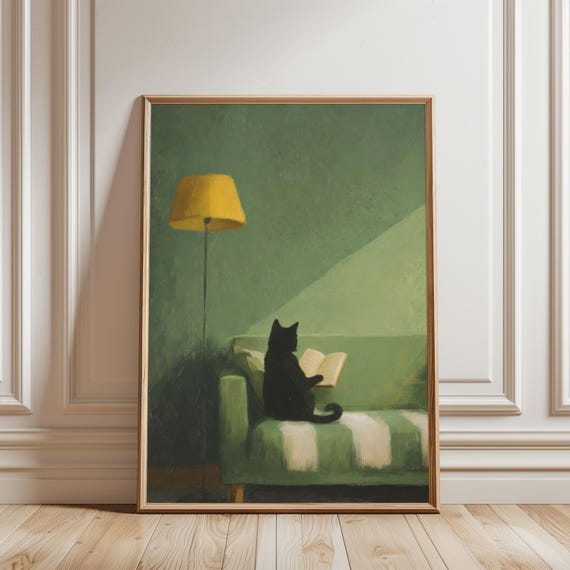 Black Cat Reading Book Print Cosy Pet Bedroom Paint Emerald Green Bookish Wall Art Retro Kitten Nursery Poster Animal Bookshelf Decor