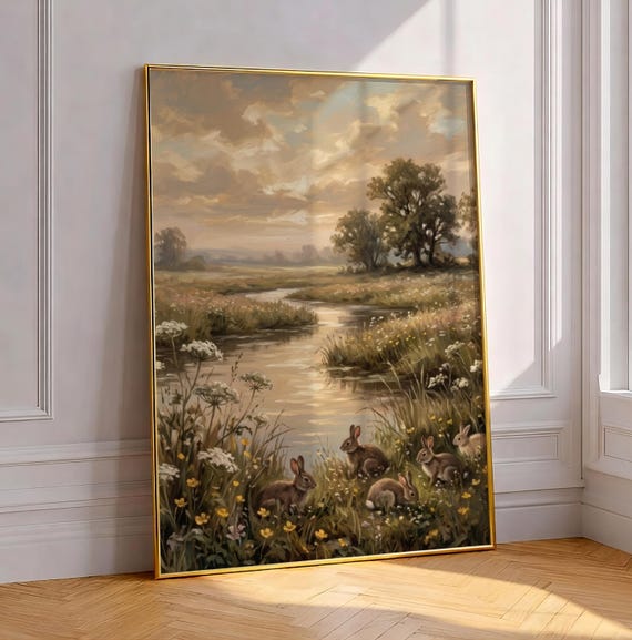 Vintage Rabbit Meadow Sunset Art Print