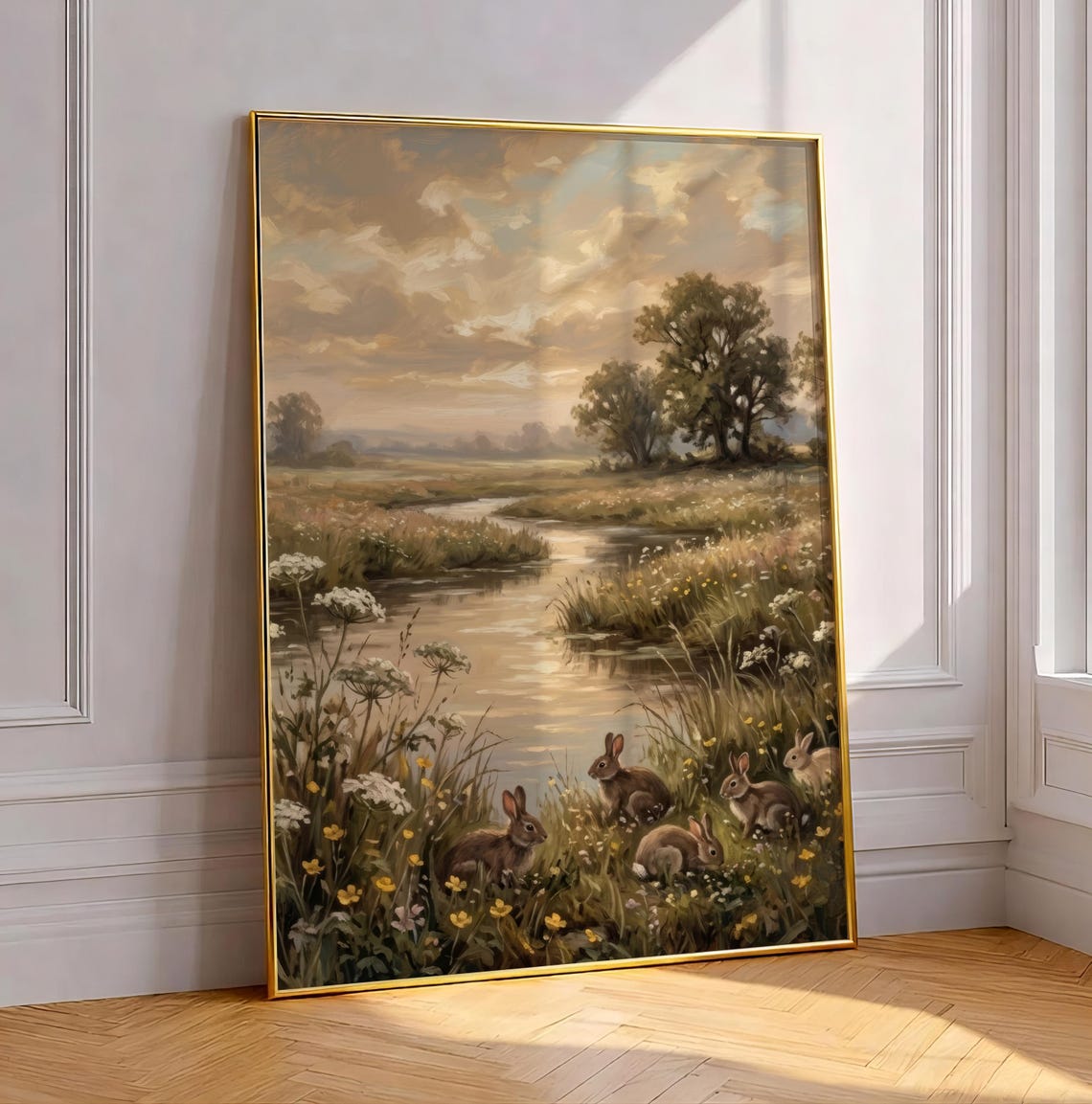 Vintage Rabbit Meadow Sunset Art Print