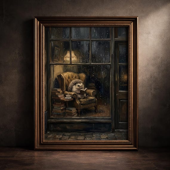 Hedgehog Book Nook Art Print Cozy Reading Cottagecore Library Decor Whimsical Bookish Gift Rainy Window Printable Digital Download