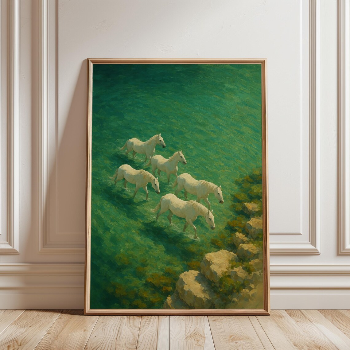 Vintage Coastal Ocean Painting Horses, Abstract Sea Poster