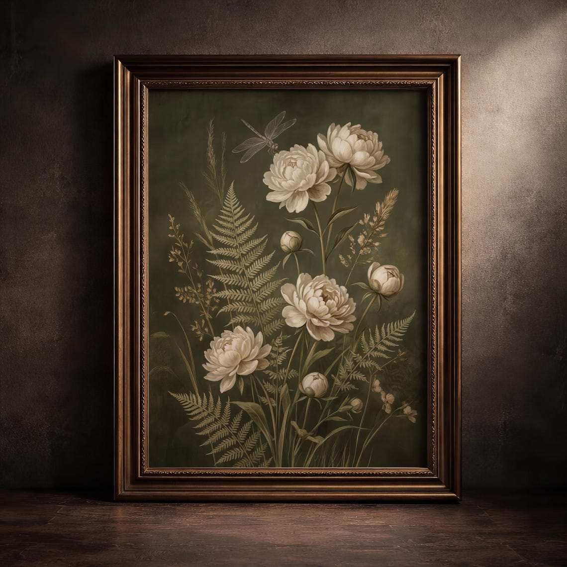 White Peony Dragonfly Moody Vintage Botanical Dark Cottagecore Poster