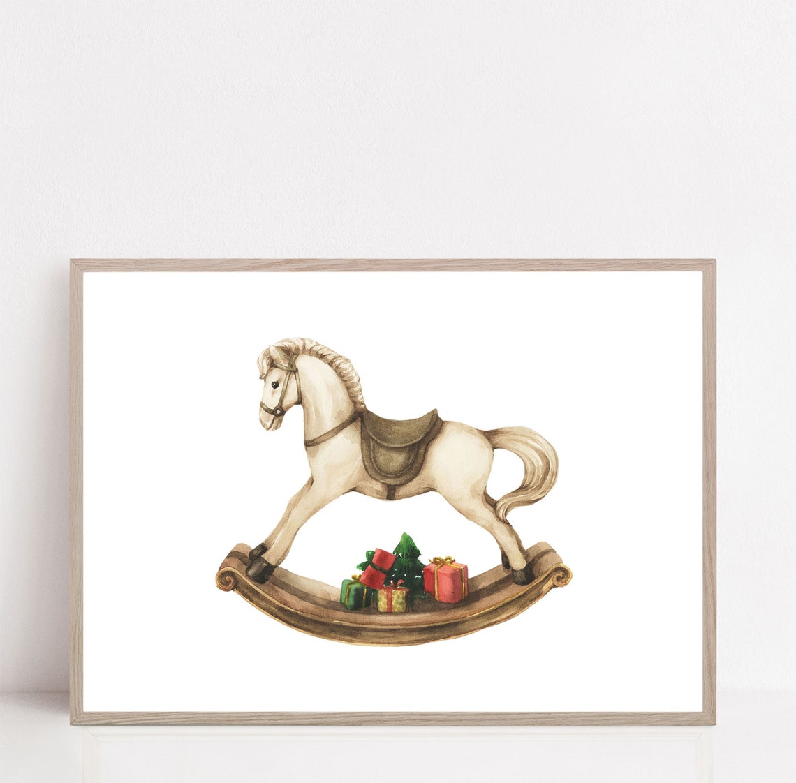 Christmas Rocking Horse Watercolor Nursery Decor Holiday Toy Poster