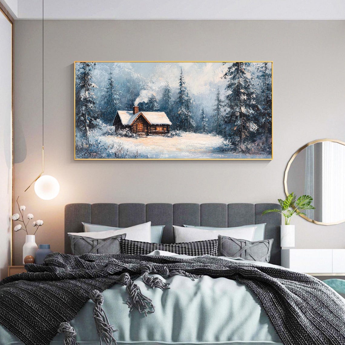 Snowy Cabin Winter Forest Cozy Smoke Chimney Warm Lights Poster - Image 3