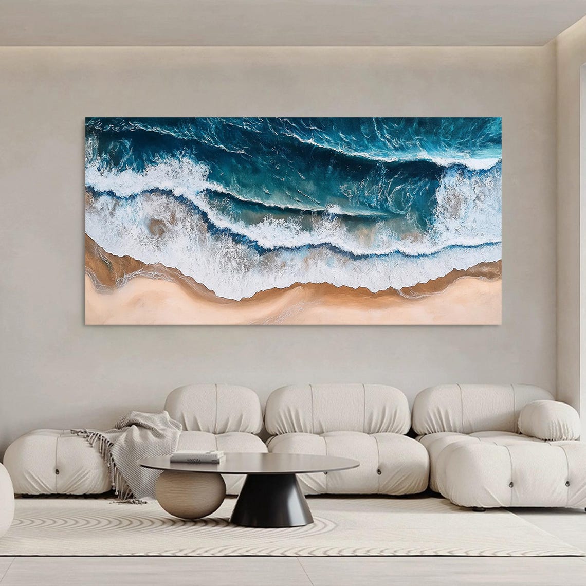 Aerial Ocean Waves Rolling On Sandy Beach Blue Surf Art Poster - Image 2